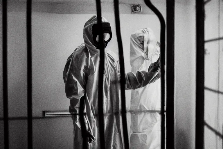 Image similar to a cinematic portrait of a prisoner dressed in a a black and white hazmat suit, in a small prison cell, red color theme, dust storm, annie leibovitz and zack snyder, 8 k, hd, high resolution, 8 5 mm, f / 1. 8