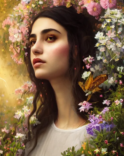 Prompt: portrait of a middle eastern girl, surrounded by flowers by karol bak, james jean, tom bagshaw, rococo, sharp focus, trending on artstation, cinematic lighting, hyper realism, octane render, 8 k, hyper detailed.