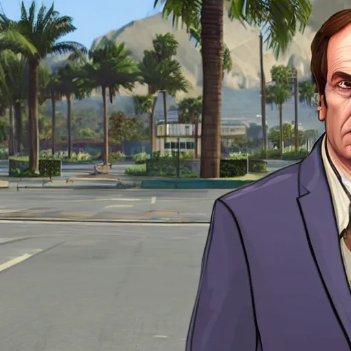 Image similar to Saul Goodman in GTA V . Los Santos in the background, palm trees. In the art style of Stephen Bliss.