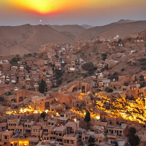 Image similar to a beautiful tirat carmel city with lots of glowing crystals, sunset lighting,