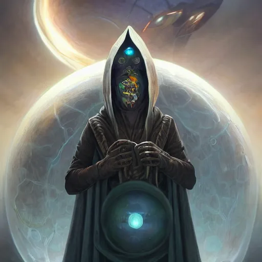 Image similar to masked nomad male wearing a cloak on an alien world and holding a holographic planet projection in his hand, detailed, sci - fi, digital painting, artstation, sharp focus, illustration, ominous, artgerm, tomasz alen kopera, peter mohrbacher, donato giancola, joseph christian leyendecker, wlop, frank frazetta