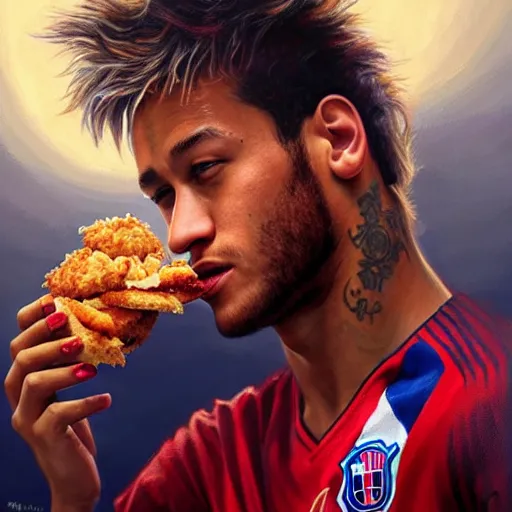 Prompt: Neymar eating a KFC zinger, closeup, giant zinger, D&D, fantasy, intricate, elegant, highly detailed, digital painting, artstation, concept art, matte, sharp focus, illustration, art by Artgerm and Greg Rutkowski and Alphonse Mucha