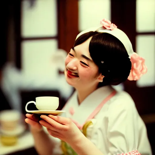 Image similar to close - up of mr. bean joyfully serving you tea at a japanese maid cafe, frilly outfit, soft focus, national geographic, depth of field, 3 5 mm, 8 k, photograph by annie leibovitz