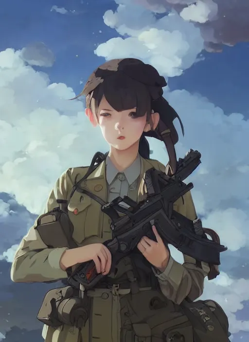 Image similar to portrait of cute soldier girl, cloudy sky background lush landscape illustration concept art anime key visual trending pixiv fanbox by wlop and greg rutkowski and makoto shinkai and studio ghibli and kyoto animation soldier clothing military gear realistic anatomy mechanized modern warfare hands