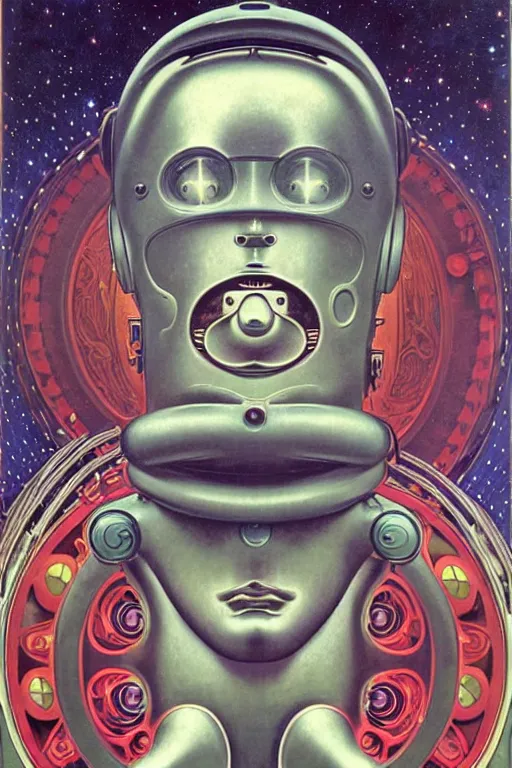 Prompt: 1 9 6 9 hippy robot, large metal mustache, muted colors, benevolent, starry nebula background, glowing eyes, detailed realistic surreal retro robot in full regal attire. face portrait. art nouveau, visionary, baroque, giant fractal details. vertical symmetry by rene magritte, alphonse mucha. highly detailed, realistic