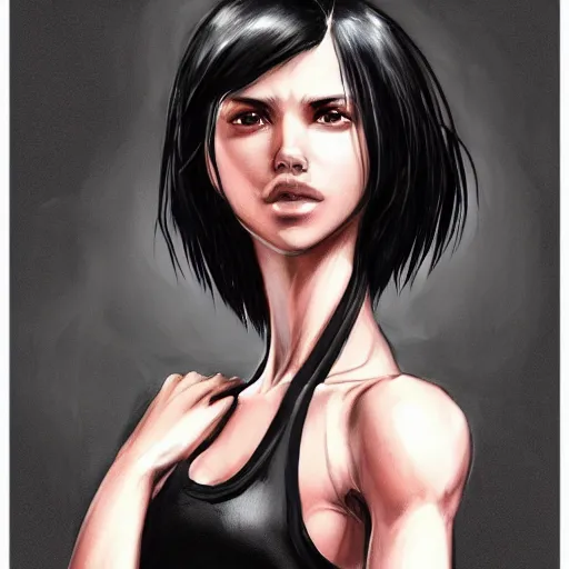 Prompt: a black haired woman in a black tank top, muscular upper body, abs, d & d, fantasy, intricate, elegant, highly detailed, digital painting, artstation, concept art, smooth, sharp focus, illustration, art by simon bisley n - 7