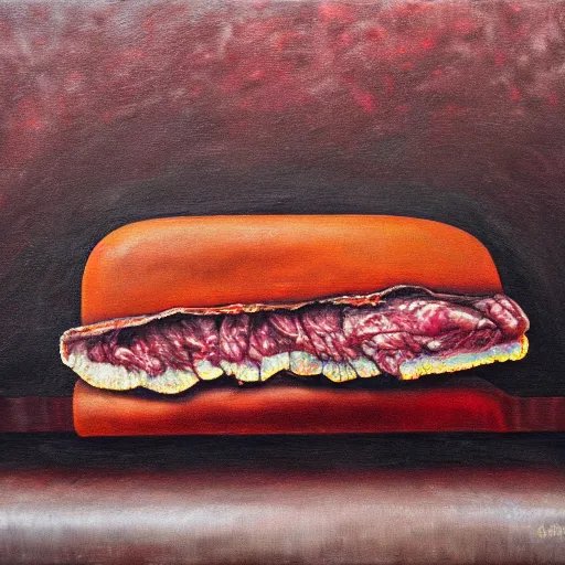 Image similar to dark oil painting of couch with meat spilling out of it, cut in half, surreal