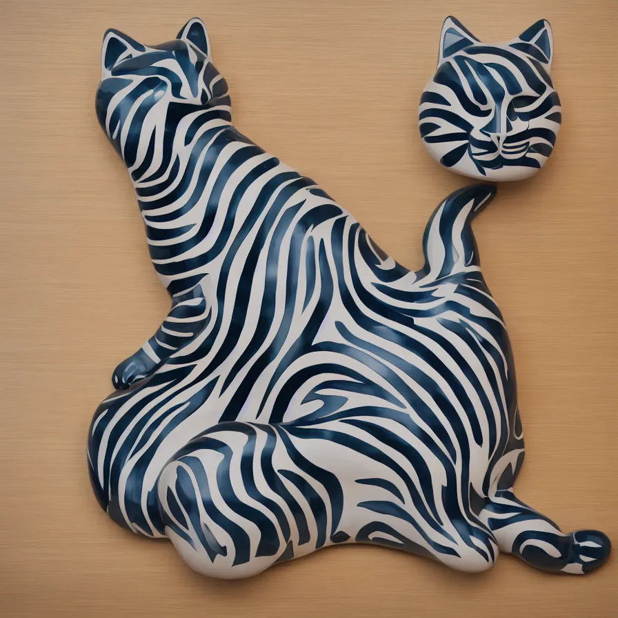 Image similar to beautiful gallery show studio photograph of a giant ceramic sculpture of a cat, glazed by bridget riley and victor vasarely, placed on a polished wooden table, hyperrealism 8 k trending on artstation