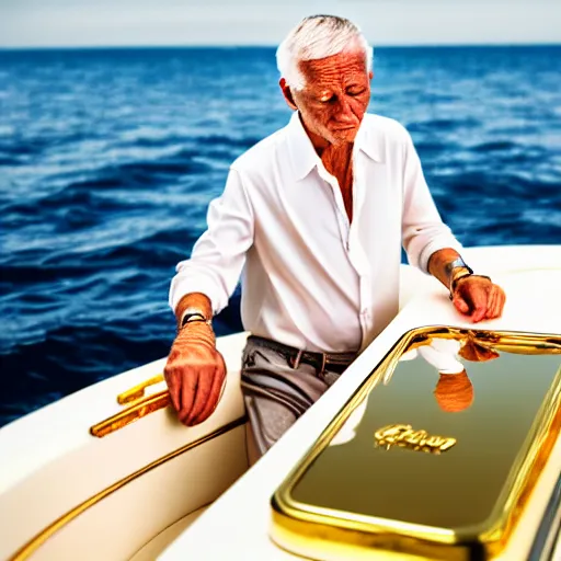 Prompt: old man polishing a gold plated mega yacht, clear and focused, elegant, photograph