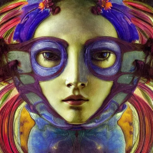 Image similar to a masterpiece painting of a facemask made of stylized flowers, by annie swynnerton and jean delville and tino rodriguez, flower mask, art deco shaman, art brut, symbolist, dramatic cinematic lighting, god rays, iridescent beetles, clean crisp graphics, smooth sharp focus, extremely detailed