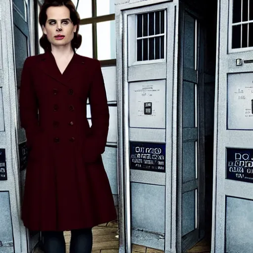 Image similar to a beautiful full body photograph of hayley atwell dressed as the doctor from doctor who standing in front of the tardis, symmetrical face, extreme realism and detail, 8 k, completely framed, direct lighting, 3 5 mm photo, photorealistic, sharp focus