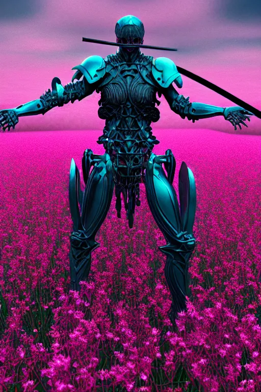 Prompt: hyperrealistic neo - gothic muscular human demon hybrid, exoskeleton armor, holding katana, field of pink flowers, highly detailed digital art masterpiece, vitaly bulgarov dramatic dark teal light, ground angle hd 8 k, sharp focus