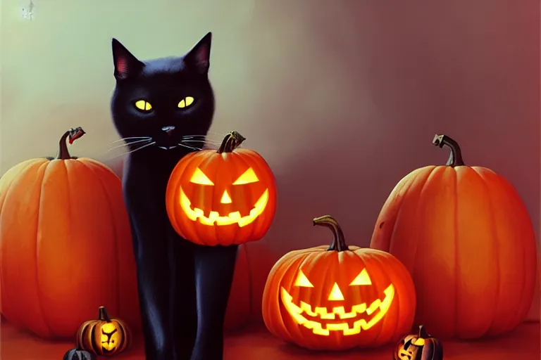 Image similar to portrait of black cat standing next to a jack - o - lantern, halloween night, charlie bowater, artgerm, ilya kuvshinov, krenz cushart, ruan jia, realism, ultra detailed, 8 k resolution