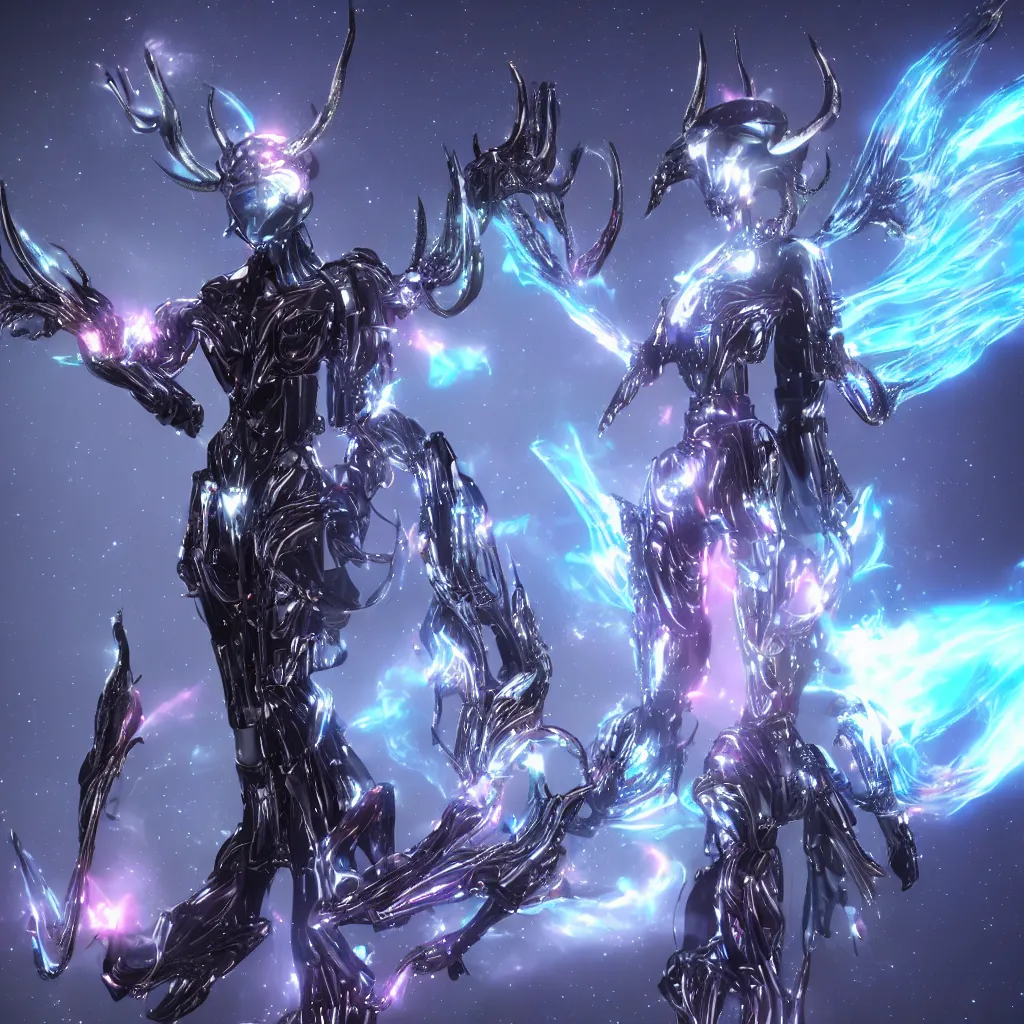 Prompt: the most beautiful cosmic android robot female devil, long glowing horns, huge wispsy wings, devil wings, into the cosmic sun, photo pic by unreal engine