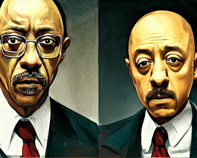 Prompt: jonathan banks as mike ehrmantraut and giancarlo esposito as gustavo fring from breaking bad, cinematic lighting, oil painting portrait