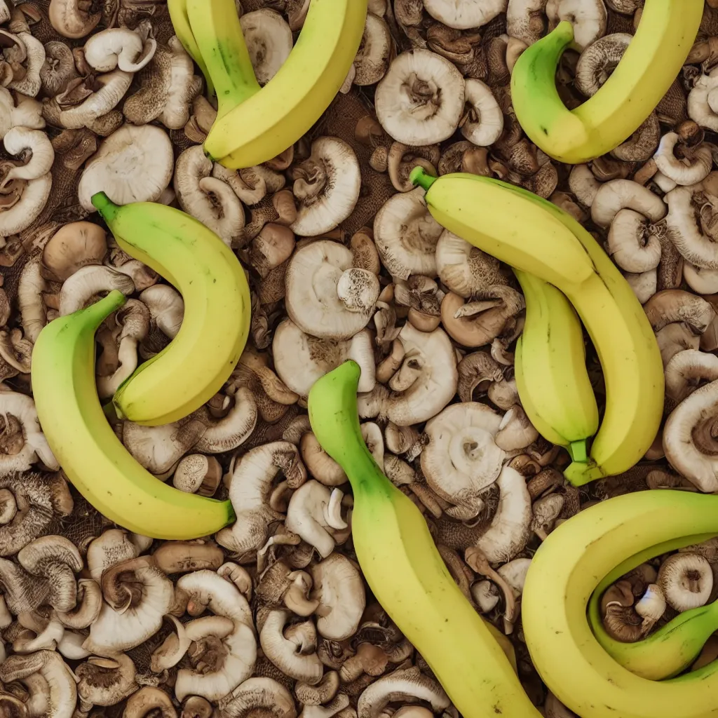 Image similar to circular fractal bananas that grow like coral, inside art nouveau with petal shape, big banana peals, and banana stems, mushrooms and plants, mesh roots. closeup, hyper real, food photography, high quality