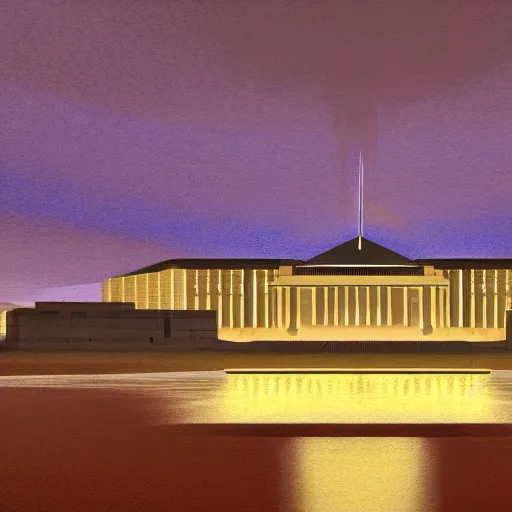 Image similar to australian parliament house in the style of john martin, epic, volumetric, dark lighting, painting, canberra