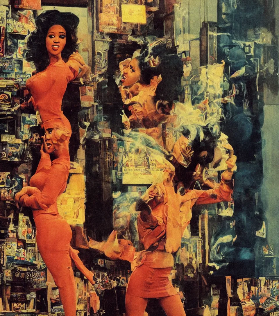 Prompt: standing portrait of ecstatic cardi b looking into the camera standing smoking a cigarette, warm street lights store front, 1 9 6 0 s technicolor, intricate, moody, personal, highly detailed, short focus depth, donato giancola, joseph christian leyendecker, frank frazetta, alex horley, ralph horsley, michael whelan, 2 0 0 mm focal length