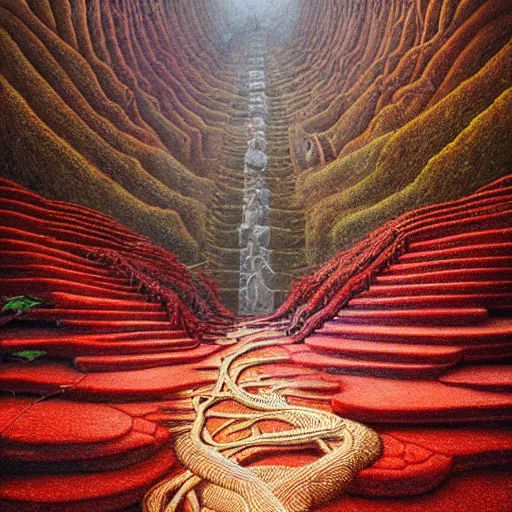 Prompt: intricate stunning highly detailed illustration of the inca lost city of gold, red blood blood blood rivers running through stairs, blood red 🌱, by agostino arrivabene and vladimir kush, surreal, digital painting, ultra realistic, dramatic lighting, twisted vines, lush plants, gold, inca, pristine water, artstation