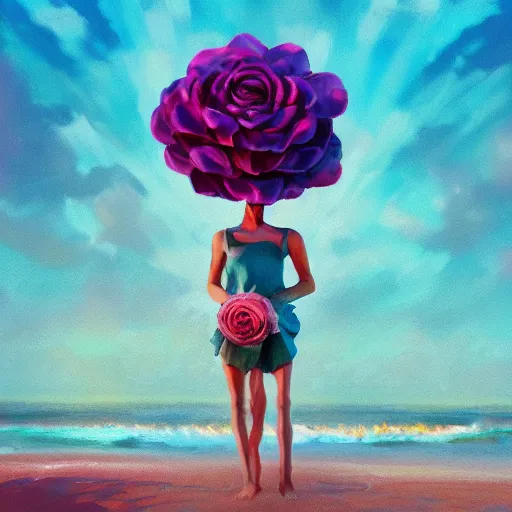 Image similar to portrait, giant rose flower head, girl dancing at the beach, surreal photography, sunrise, blue sky, dramatic light, impressionist painting, digital painting, artstation, simon stalenhag