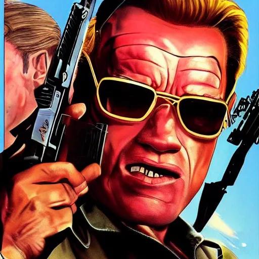Prompt: Arnold Schwarzenegger as Duke Nukem, angry facial expression, sunglasses, holding an assault rifle mid-fire, GTA V artwork