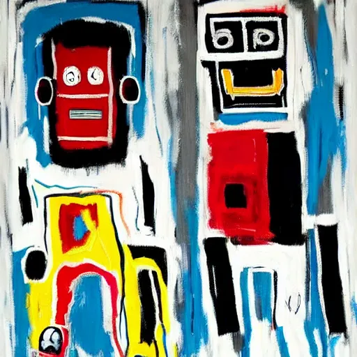 Image similar to basquiat oil painting of robot sneakers, balenciaga,