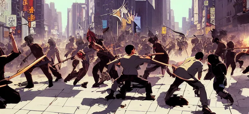 Prompt: riots in the streets of new york, digital painting masterpiece, by ilya kuvshinov, by frank frazetta, by mœbius, by reiq, by hayao miyazaki, intricate detail, beautiful brush strokes, advanced lighting technology, 4 k wallpaper, interesting character design, stylized yet realistic anatomy and faces, inspired by kill bill animated scene