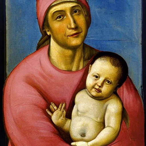 Prompt: painting benjamin netanyahu smiling while being held by his mother, tempera on wood, crevole madonna inspired, by duccio