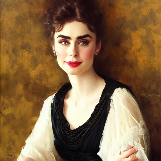 Image similar to detailed portrait of lilly collins in black clothes, spring light, painting by gaston bussiere, craig mullins, j. c. leyendecker