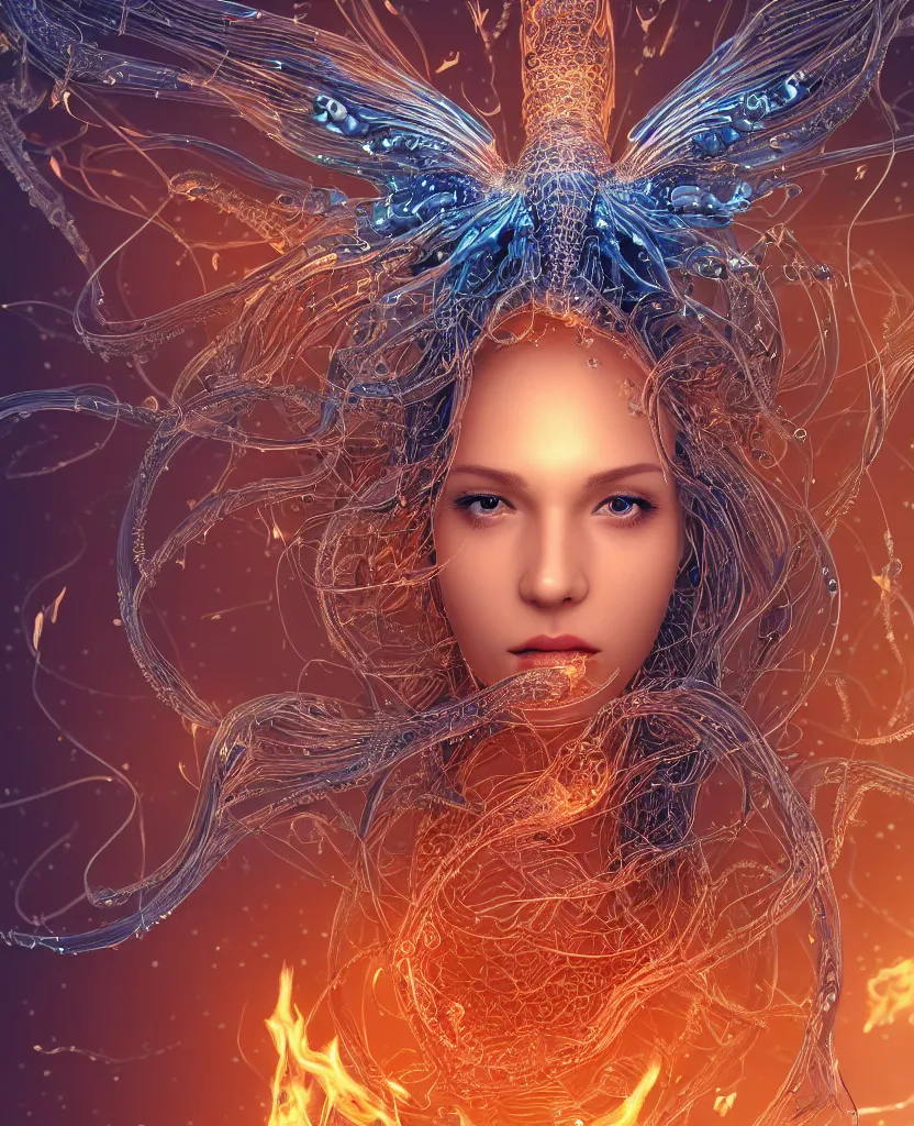 Image similar to close-up macro portrait of the face of a beautiful princess, epic angle and pose, symmetrical artwork, 3d with depth of field, blurred background, cybernetic jellyfish female face skull phoenix bird, translucent, nautilus, energy flows of water and fire. a highly detailed epic cinematic concept art CG render. made in Maya, Blender and Photoshop, octane render, excellent composition, cinematic dystopian brutalist atmosphere, dynamic dramatic cinematic lighting, aesthetic, very inspirational, arthouse. y Greg Rutkowski, Ilya Kuvshinov, WLOP, Stanley Artgerm Lau, Ruan Jia and Fenghua Zhong