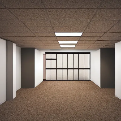 Prompt: randomized empty 9 0 s office with no windows or doors, brown moist carpet, off - white wallpaper