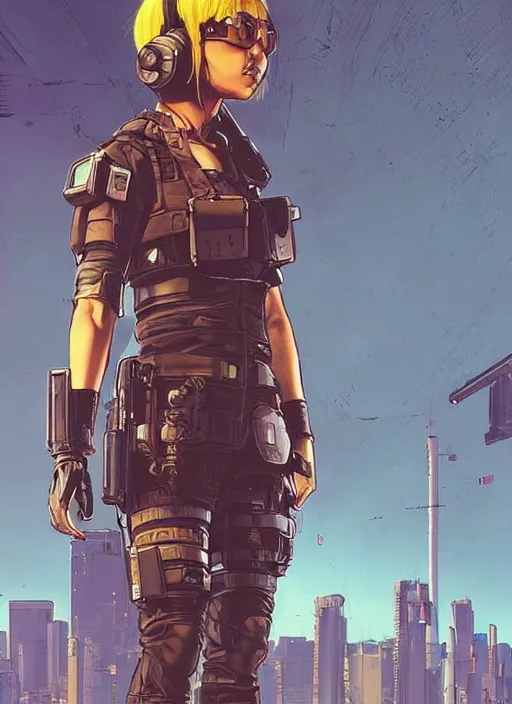 Prompt: Dangerous Mio. beautiful female Japanese cyberpunk mercenary wearing a cyberpunk tactical headset and military vest. Attractive face. Realistic Proportions. Concept art by James Gurney and Laurie Greasley. Moody Industrial skyline. ArtstationHQ. Creative character design for cyberpunk 2077.