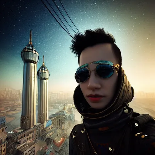 Prompt: stylish Сyberpunk style selfie in a crowded city on another planet, Neo Norilsk, New Kyiv, sci-fi, fantasy, intricate, very very beautiful, elegant, highly detailed, smooth, photorealistic, cinematic, Unreal Engine 5, sharp focus, by Evgeny Zubkov, by Marat Zakirov, trending on Behance