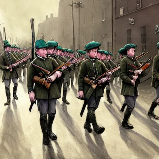 Prompt: irish rebel soldiers in 1 9 1 6 marching down a street in dublin with their rifles, highly detailed, digital painting, concept art, sharp focus, by makoto shinkai