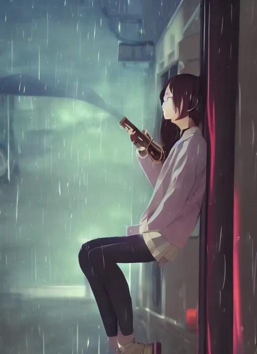 Image similar to listening to music at 2 am, night, pretty girl, pose, rain, lofi, lofi, peaceful, street light, anime key visual, poster, street wears, anime, by wlop, high quality, 4 k, trending, trending on artstation