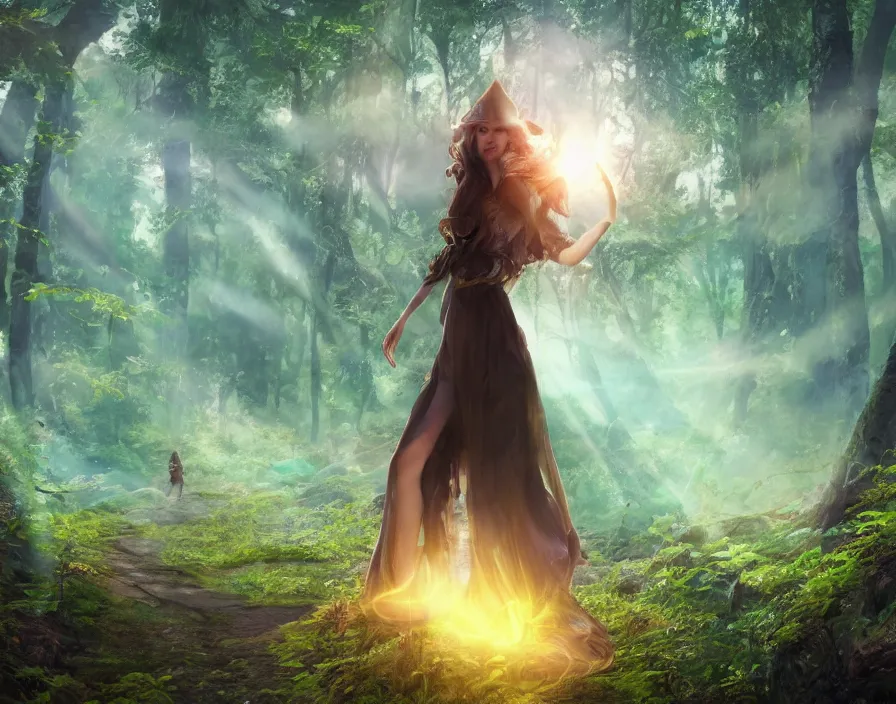 Image similar to traveling woman in magical forest, beautiful sky and sun shine, fantasy artwork, very beautiful scenery, hd, hdr, ue 5, ue 6, unreal engine 5, cinematic 4 k wallpaper, 8 k, ultra detailed, by popular digital, details, beautiful image ever created, high resolution, artstation, award winning, detailed body, details face, realistic body proportions