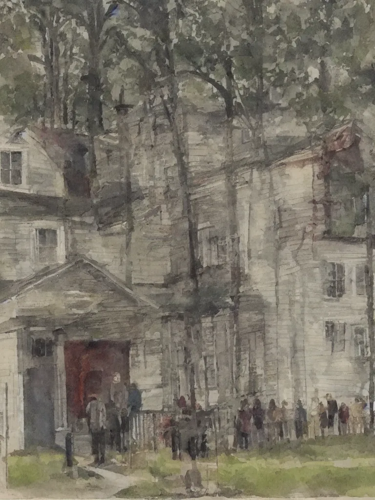 Image similar to people stand at the parsonage and observe the elevation of the structure, high detailed, art by jack butler, part by chris gwaltney dominic besner, gloomy colours