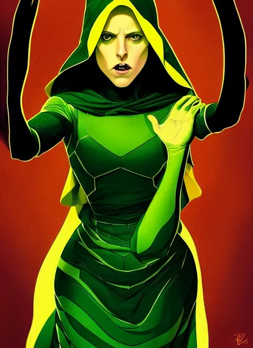 Prompt: Rafeal Albuquerque comic art, Joshua Middleton comic art, cinematics lighting, beautiful Anna Kendrick supervillain, green dress with a black hood, yellow eyes, angry, symmetrical face, symmetrical eyes, full body, flying in the air, night time, red mood in background