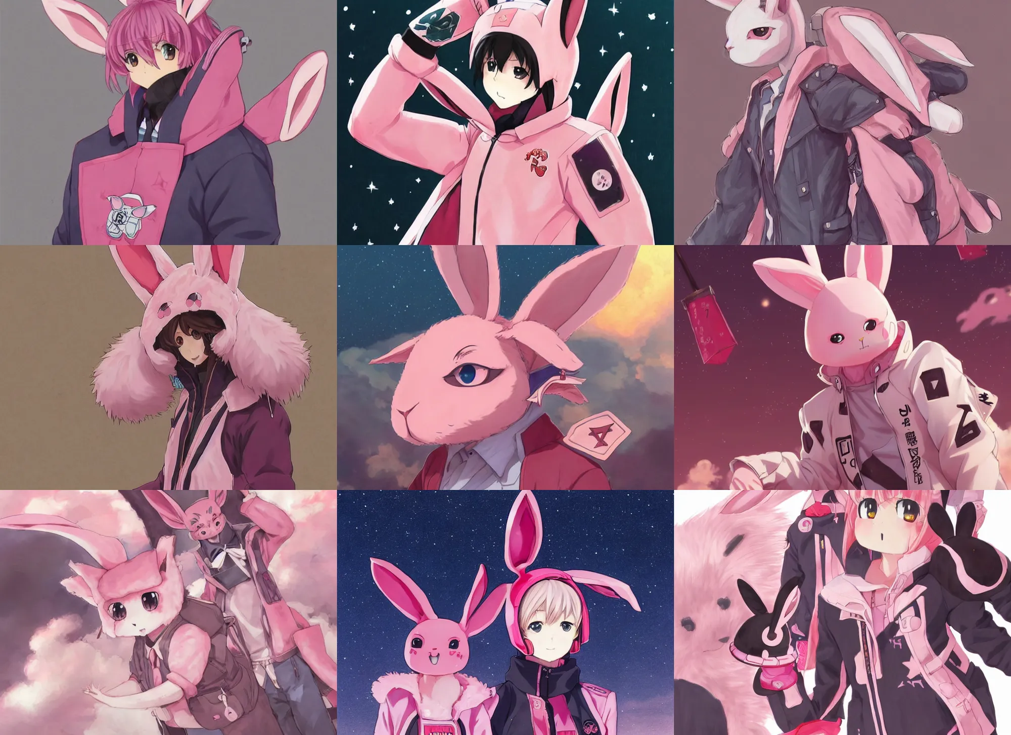 Prompt: official artwork of an anime pink rabbit wearing a letterman jacket, by Krenz Cushart, detailed art, many stars in the night sky, pink iconic character, 獣, yokai, wallpaper, bunny, large ears, male character, aesthetic, helmet, motorbiker, rabbit, rabbit shaped helmet