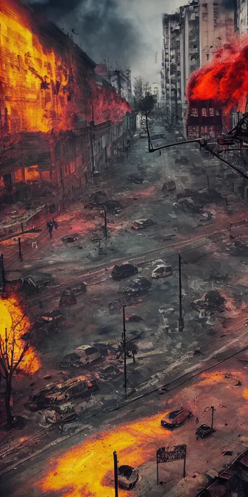 Image similar to post - apocalyptic kreuzberg streets covered in colorful smoke, burned cars, explosions, hyperrealistic, gritty, damaged, dark, urban photography, photorealistic, high details