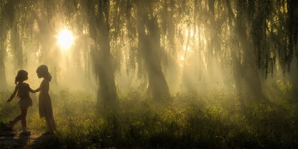 Image similar to misty swamp, hazy fog, sundown golden hour, early morning dance, fireflies and sparkling wisps, sun rays through trees, Lilia Alvarado, Sophie Anderson, Mark Arian, Bob Byerley, Charlie Bowater, Mark Brooks, Steve Henderson, Justin Gerard, Arthur Hughes, Edward Robert Hughes, Mark Keathley, Victor Nizovtsev, Carlos Shwabe, Ross Tran, WLOP