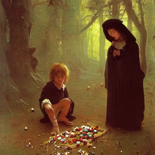 Prompt: an eerie, realistic illustration of a full-sized witch\'s gingerbread house covered in candy in the middle of dark and twisted woods, being visited by a poor waif brother and sister eating the candy, by Bouguereau, John William Waterhouse and Thomas Kincade