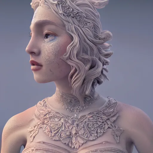 Image similar to a beautiful goddess dreamy eyes, lusty full body, ornated, intricate fabric gown, portrait 3 d figurine, octane render, 8 k, artstation, unreal engine, art nouveau, cinematic setting, hd, realistic fantasy background