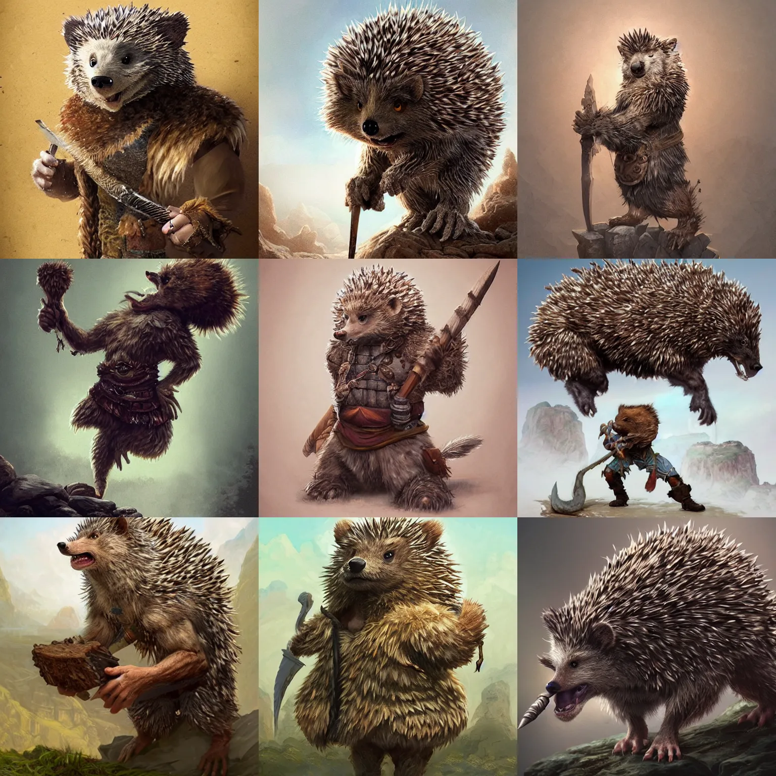 Prompt: anthropomorphic rugged hedgehog!!! with furry!! barbarian muscular upper body, 👅 👅 , D&D, fantasy, intricate, elegant, highly detailed, digital painting, artstation, concept art, smooth, sharp focus, illustration, art by artgerm and beeple and miyazaki and greg rutkowski and alphonse mucha