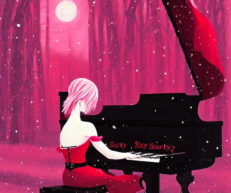 Image similar to a painting of a beautiful face gothic girl, pink hair in a stunning red dress playing a piano in the dark snowy forestby randolph stanley hewton, cg society contest winner, matte painting studio ghibli, fantasy, medium shot, asymmetrical, intricate, elegant, matte painting, illustration