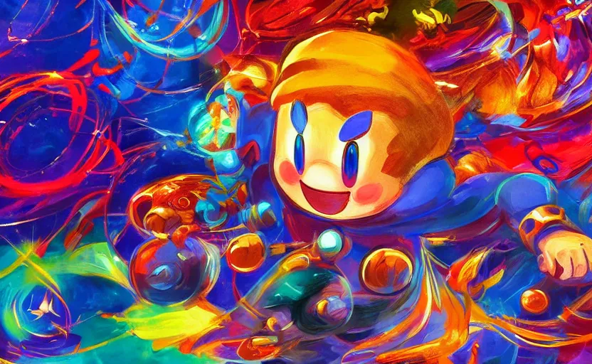 Image similar to Kirby dancing, digital painting, expressionistic, intricate detail, meticulous brush strokes, genius composition, masterpiece, work of art, 4k wallpaper
