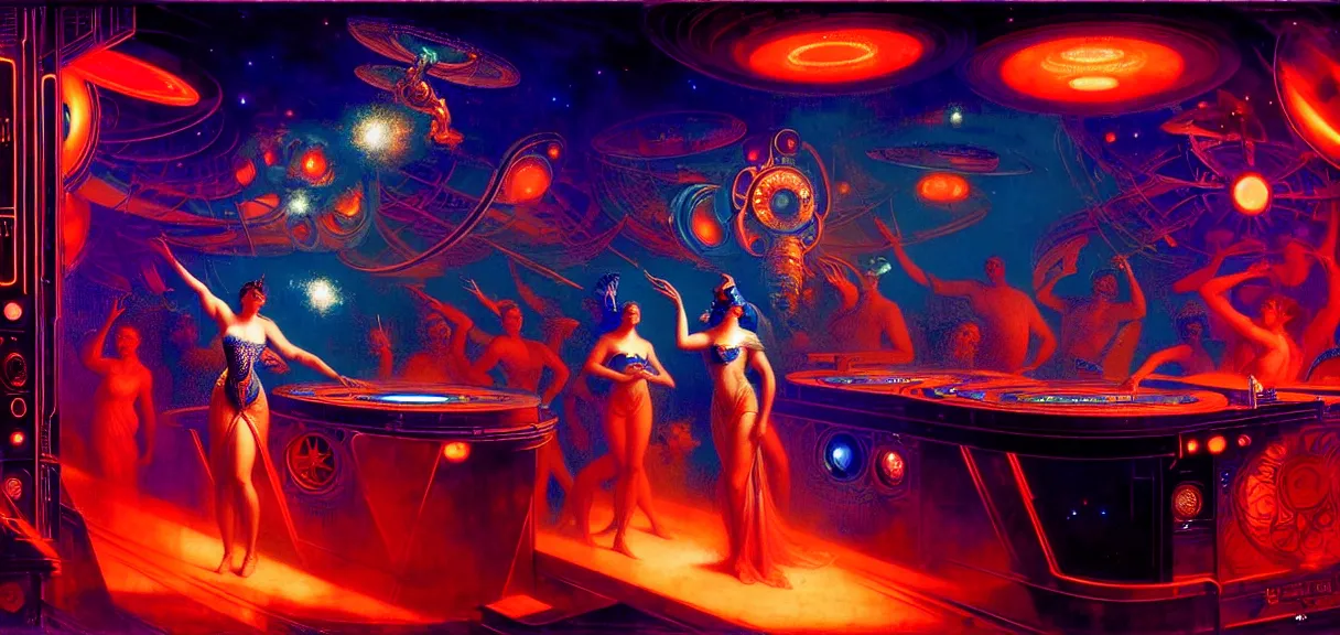 Prompt: future empress of the galaxy at a dj booth, hard lighting, full body, futuristic, neon, luxurious, industrial party, dark blue and orange colors, crowded, smoke, lasers painting by gaston bussiere, craig mullins, j. c. leyendecker, lights, art by ernst haeckel, john william godward, hammershøi