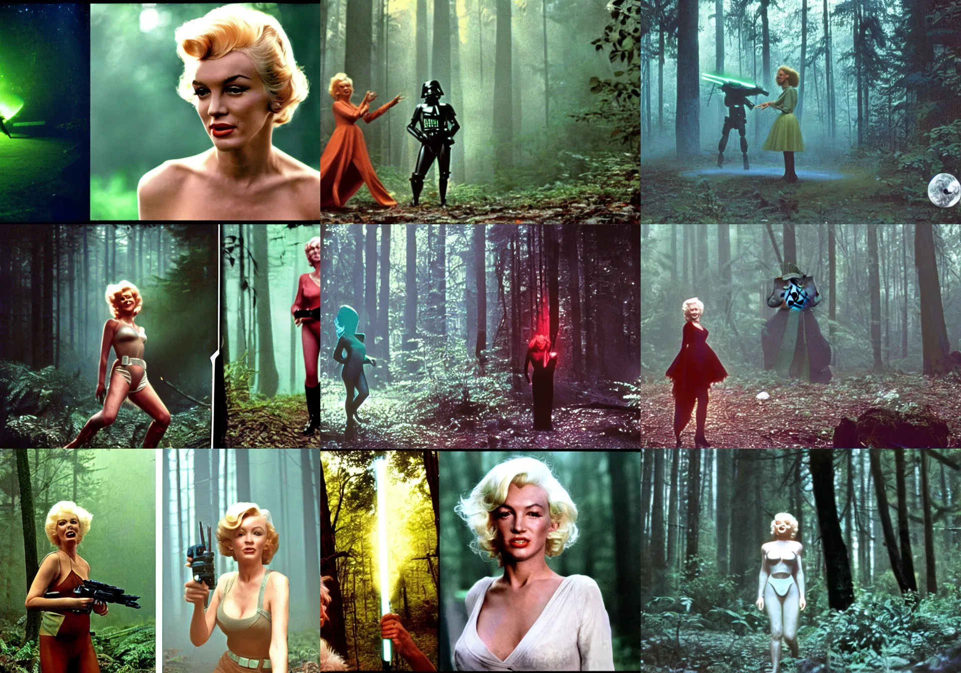 Prompt: a long - shot, color cinema film still of a marlin monroe in the forest, two aliens around, misty, studio lighting ; from star wars ( 1 9 7 7 )