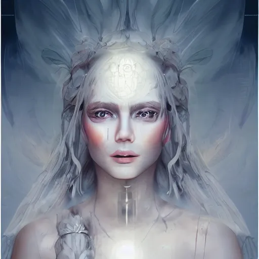 Prompt: a mystic goddess with white dress and marks on face trying to create human being in her hands, digital art, concept art, trending on artstation, 8 k detailed, dramatic lighting