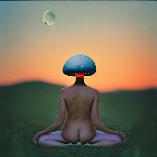 Image similar to photograph taken by a rolleiflex tlr, 1 2 0 mm, portrait, a fly agaric mushroom shaped like a human, meditating, sunset, shot by ryan mcginley, moon in sky, night time